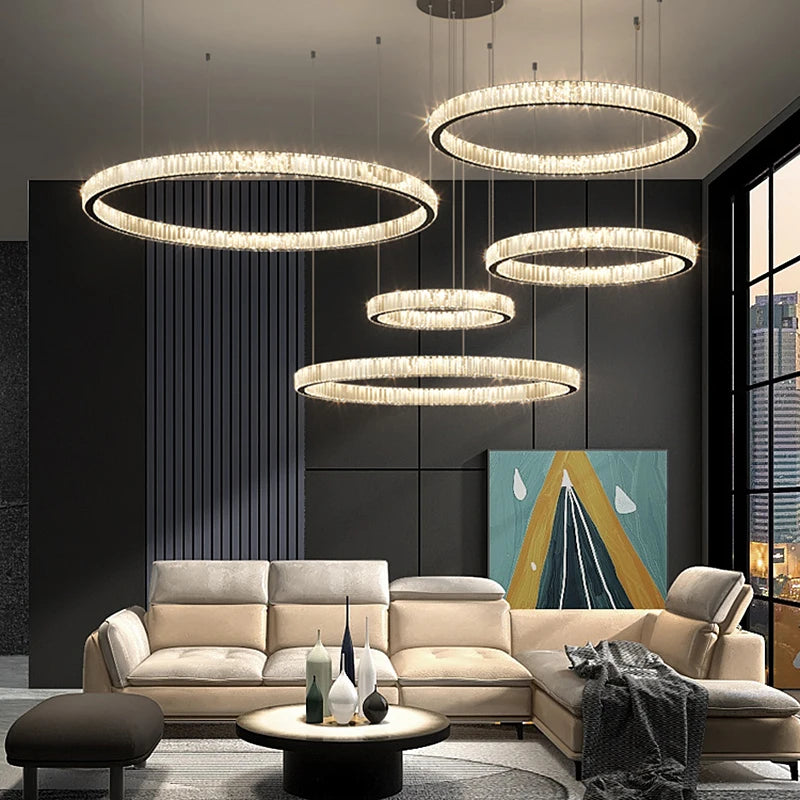 Modern Ring Led Crystal Ceiling Chandeliers Lighting Living Room Home Decor Luxury Pendant Lights Lustre Hanging Lamps Fixtures