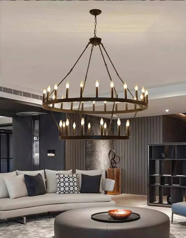 Modern Retro Industrial Iron Round Black Chandelier Metallic Hanging Living Room Cafe Restaurant Decoration Suspend Pendant Lamp
