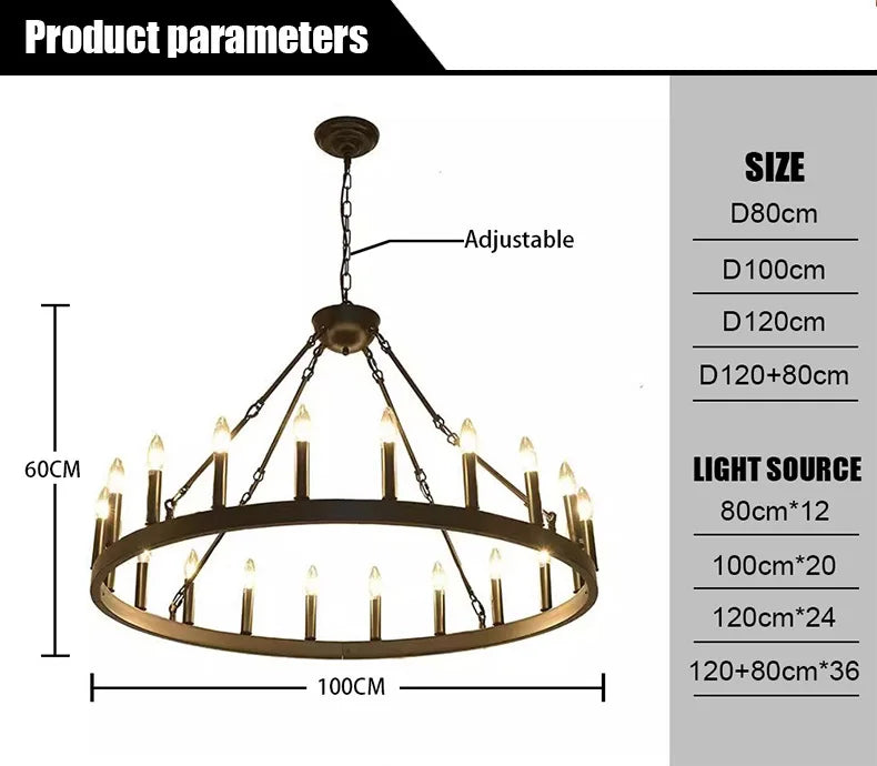 Modern Retro Industrial Iron Round Black Chandelier Metallic Hanging Living Room Cafe Restaurant Decoration Suspend Pendant Lamp