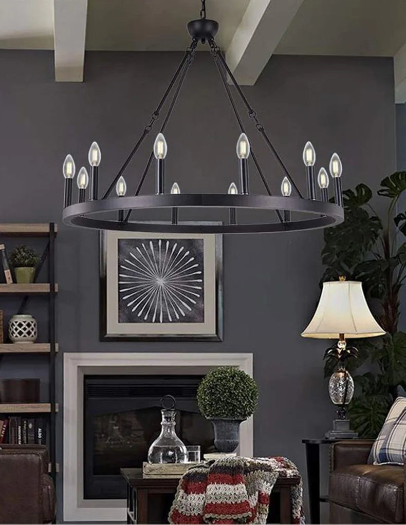 Modern Retro Industrial Iron Round Black Chandelier Metallic Hanging Living Room Cafe Restaurant Decoration Suspend Pendant Lamp