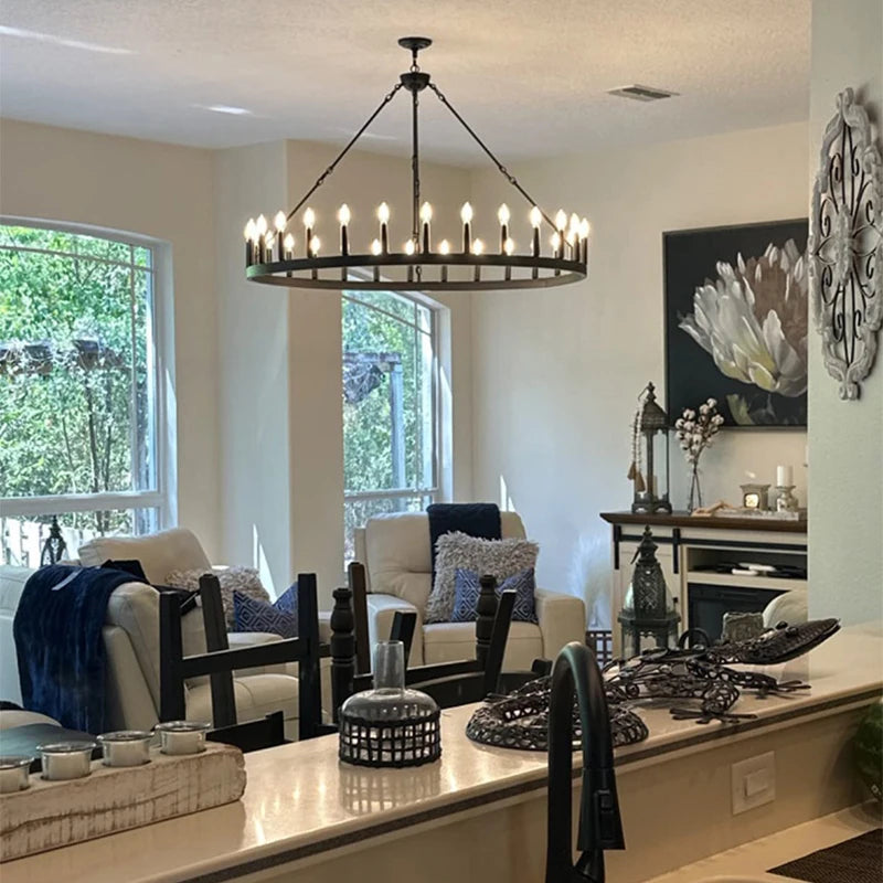 Modern Retro Industrial Iron Round Black Chandelier Metallic Hanging Living Room Cafe Restaurant Decoration Suspend Pendant Lamp