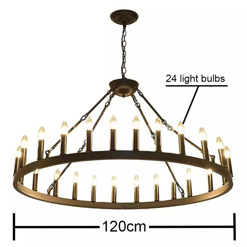 Modern Retro Industrial Iron Round Black Chandelier Metallic Hanging Living Room Cafe Restaurant Decoration Suspend Pendant Lamp