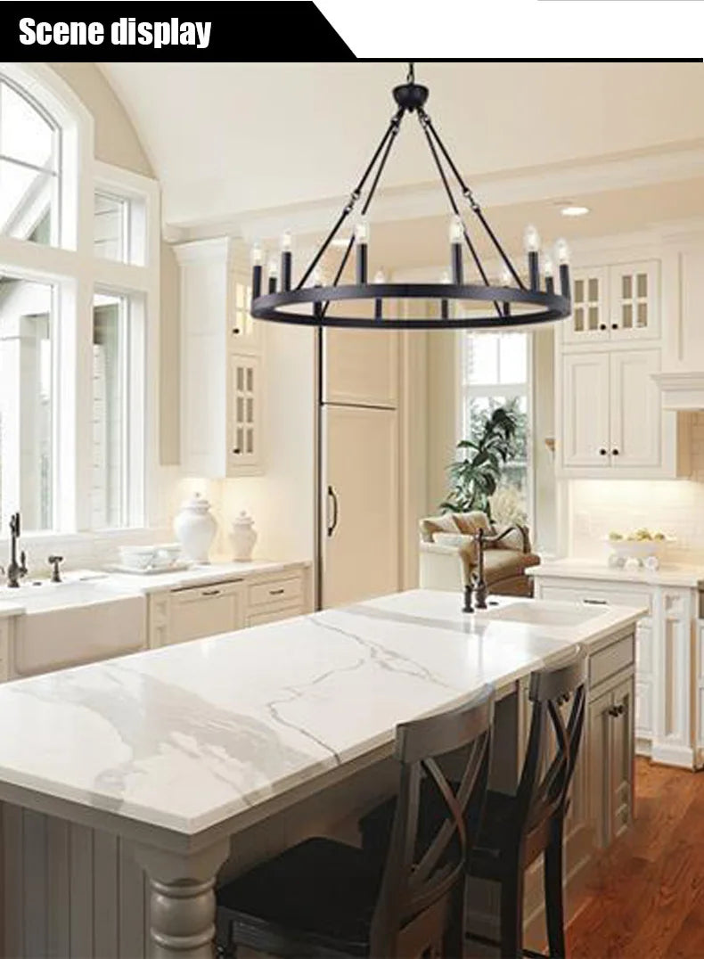 Modern Retro Industrial Iron Round Black Chandelier Metallic Hanging Living Room Cafe Restaurant Decoration Suspend Pendant Lamp