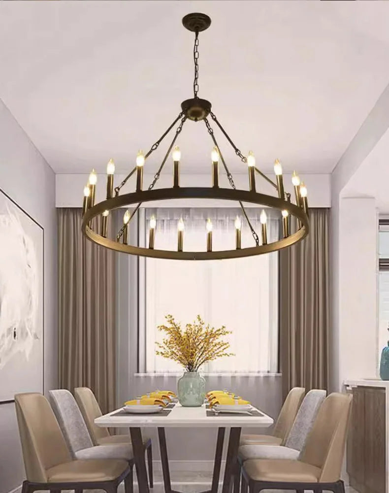 Modern Retro Industrial Iron Round Black Chandelier Metallic Hanging Living Room Cafe Restaurant Decoration Suspend Pendant Lamp