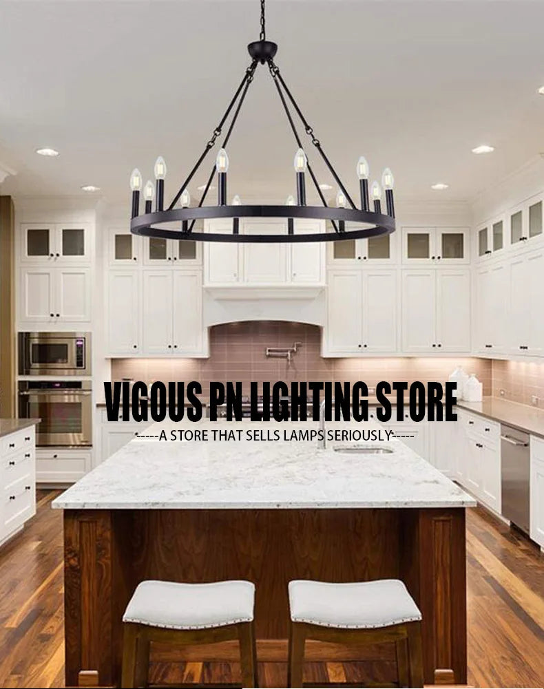 Modern Retro Industrial Iron Round Black Chandelier Metallic Hanging Living Room Cafe Restaurant Decoration Suspend Pendant Lamp