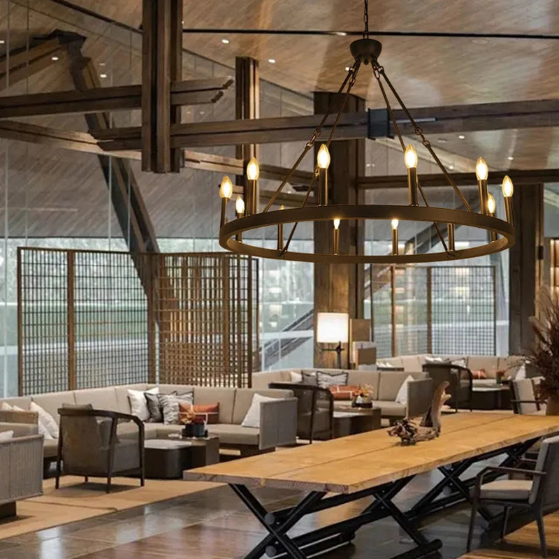 Modern Retro Industrial Iron Round Black Chandelier Metallic Hanging Living Room Cafe Restaurant Decoration Suspend Pendant Lamp
