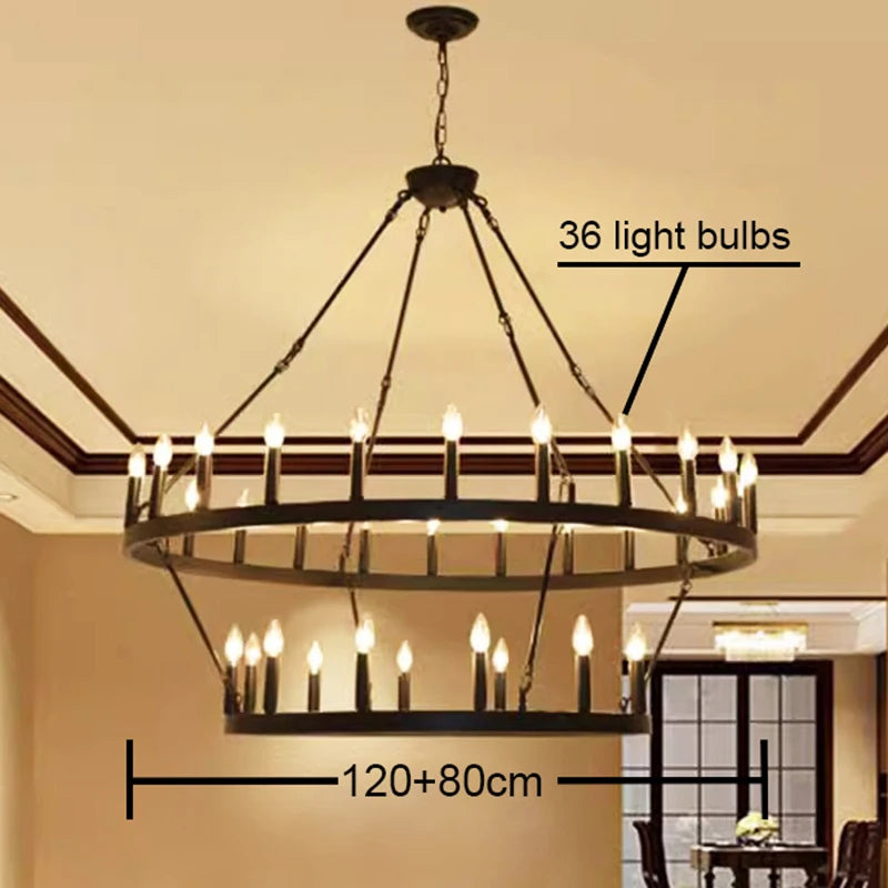 Modern Retro Industrial Iron Round Black Chandelier Metallic Hanging Living Room Cafe Restaurant Decoration Suspend Pendant Lamp