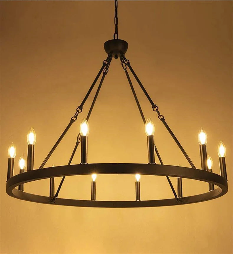 Modern Retro Industrial Iron Round Black Chandelier Metallic Hanging Living Room Cafe Restaurant Decoration Suspend Pendant Lamp