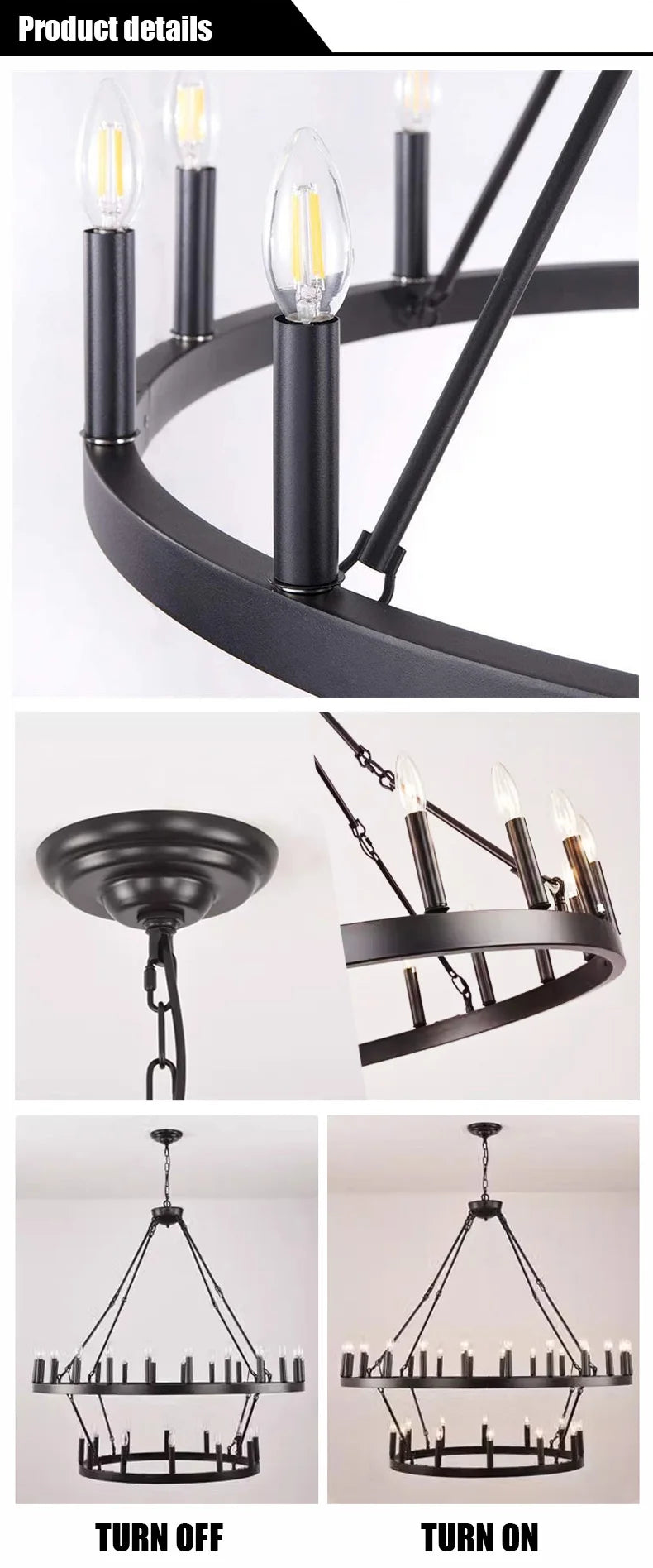 Modern Retro Industrial Iron Round Black Chandelier Metallic Hanging Living Room Cafe Restaurant Decoration Suspend Pendant Lamp