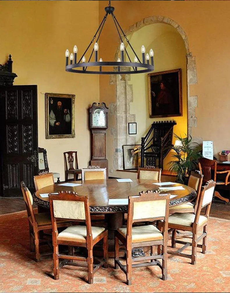 Modern Retro Industrial Iron Round Black Chandelier Metallic Hanging Living Room Cafe Restaurant Decoration Suspend Pendant Lamp