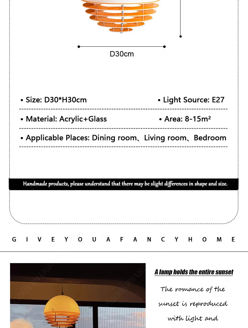 Modern Nordic Yellow Acrylic Glass Pendant Light Living Dining Bedroom Room Decor Sunset Lamp Indoor Lustre Lighting Fixtures