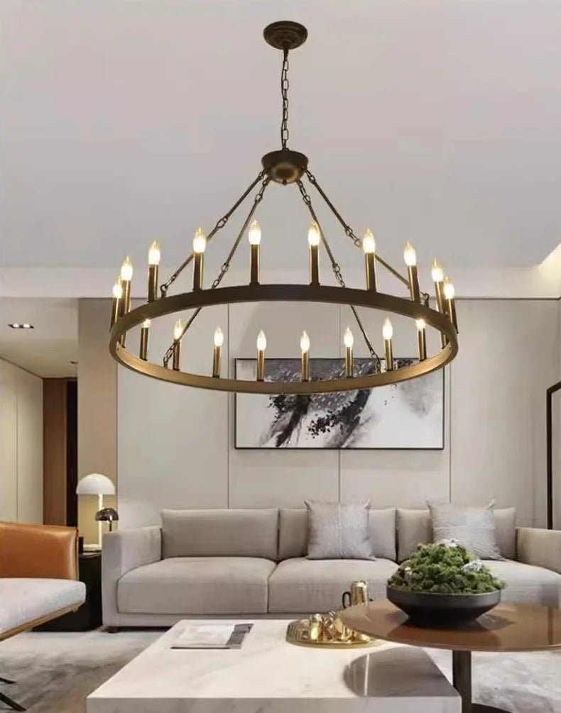 Modern Retro Industrial Iron Round Black Chandelier Metallic Hanging Living Room Cafe Restaurant Decoration Suspend Pendant Lamp