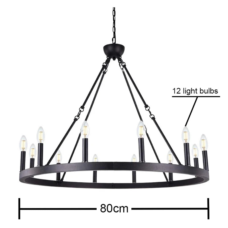 Modern Retro Industrial Iron Round Black Chandelier Metallic Hanging Living Room Cafe Restaurant Decoration Suspend Pendant Lamp