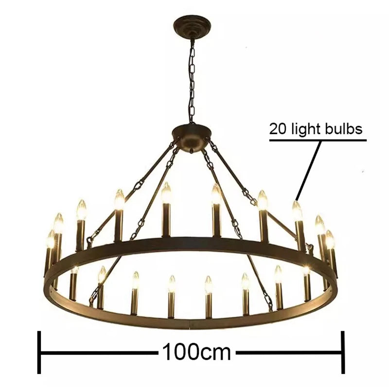 Modern Retro Industrial Iron Round Black Chandelier Metallic Hanging Living Room Cafe Restaurant Decoration Suspend Pendant Lamp
